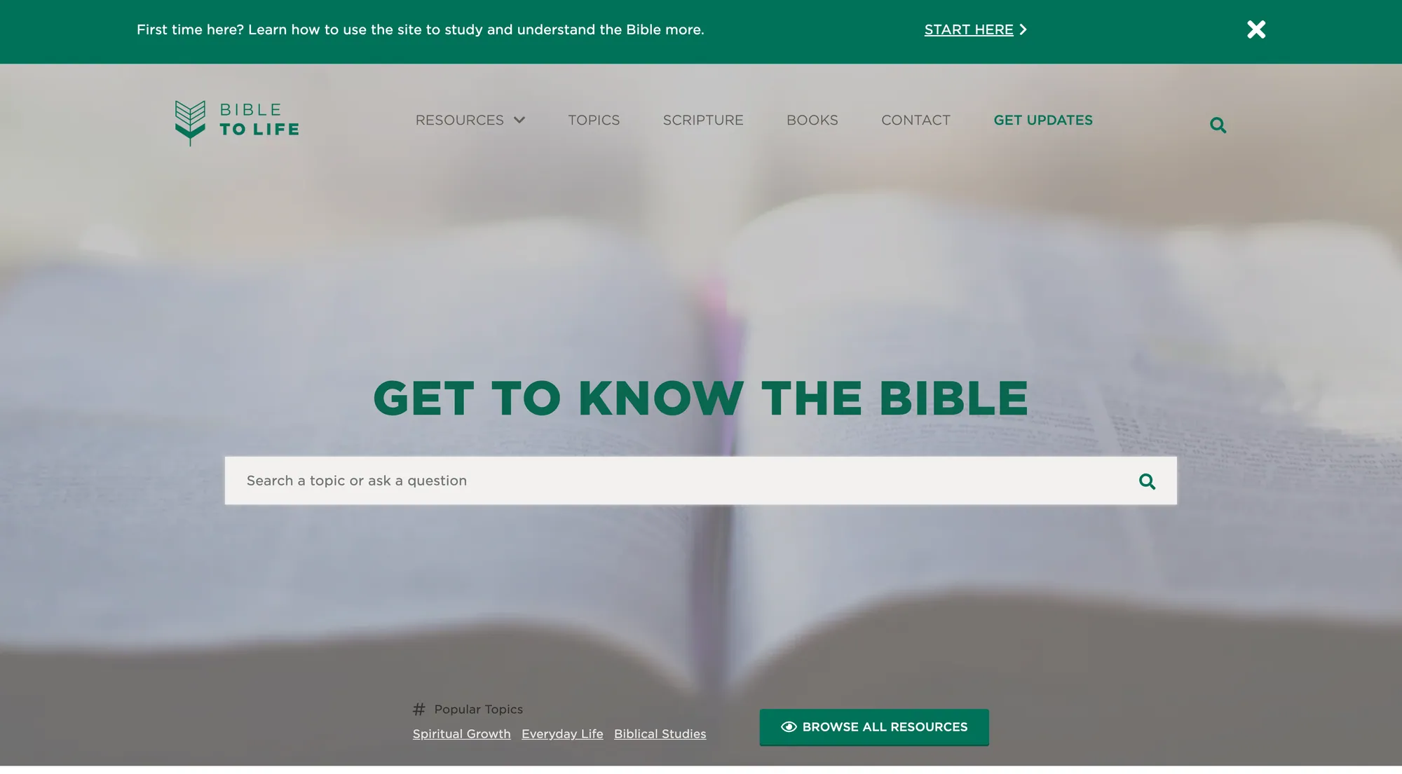 Bible to Life website featuring a content-rich Bible study platform with search and topic navigation