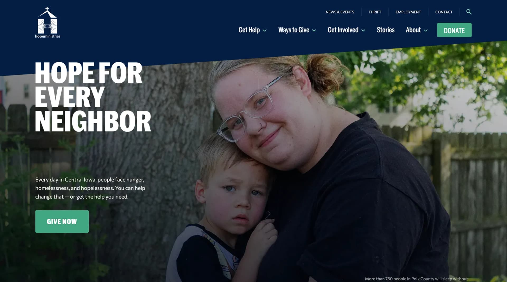 Hope Iowa nonprofit website with photography-first design and bold typography